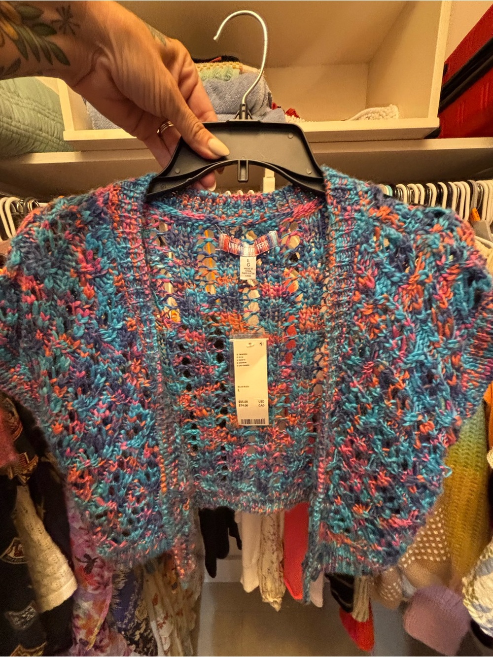 Urban Outfitters Multicolor Open-Weave Cropped Shrug - Blue, Pink, Orange